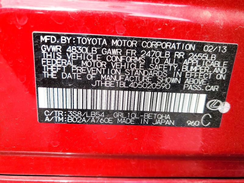 Aukcja sprzedaży 2013 Lexus Gs, vin: JTHBE1BL4D5020590, numer aukcji: 64984896