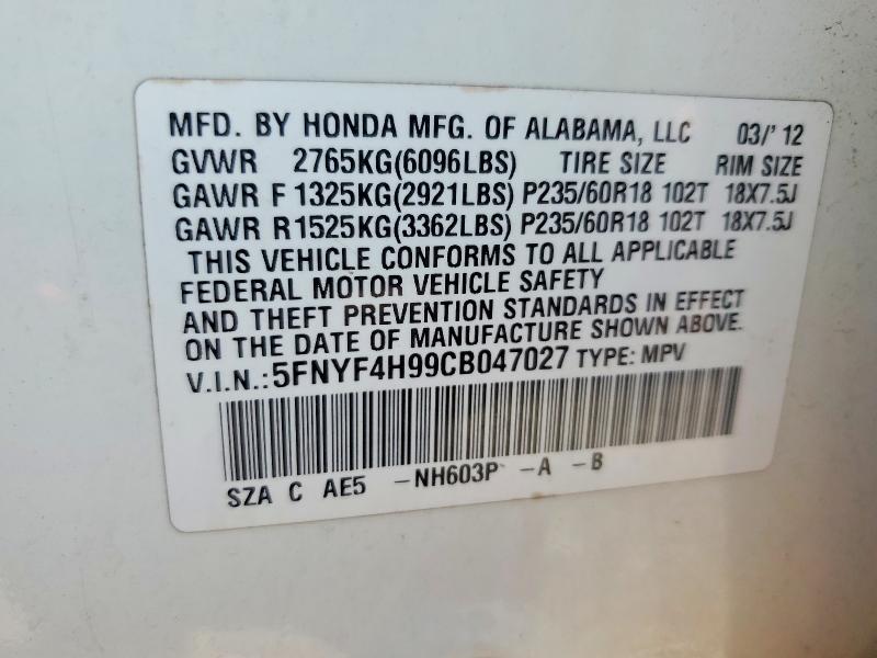 2012 Honda Pilot მანქანა იყიდება აუქციონზე, vin: 5FNYF4H99CB047027, აუქციონის ნომერი: 66977556