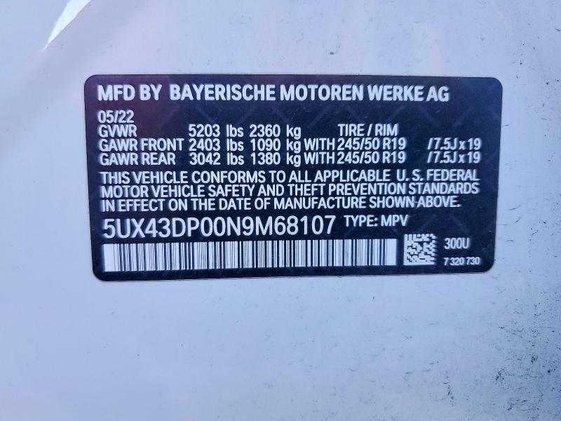 Aukcja sprzedaży 2022 Bmw X3, vin: 5UX43DP00N9M68107, numer aukcji: 65795496