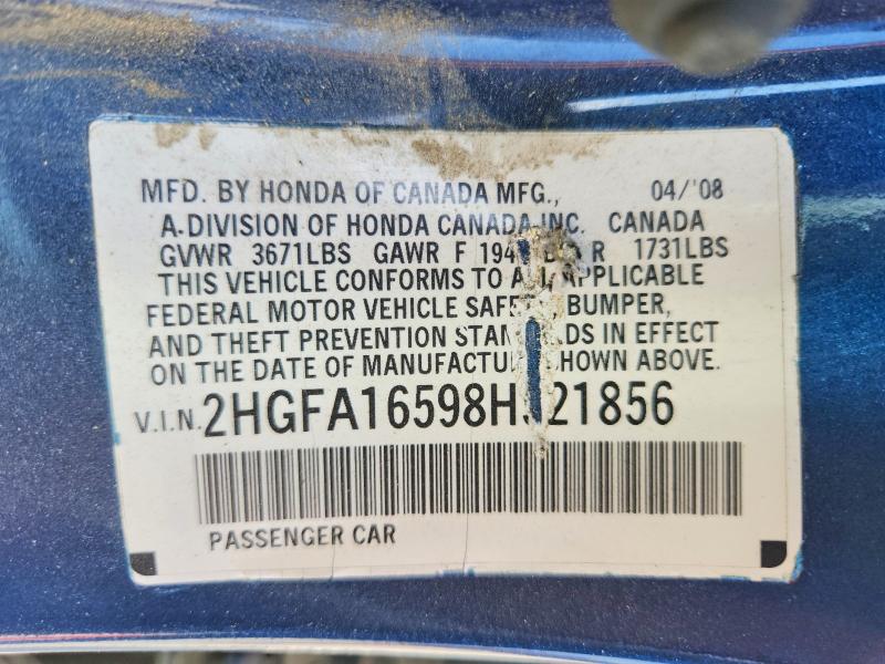 Продаж на аукціоні авто 2008 Honda Civic, vin: 2HGFA16598H521856, номер лоту: 64334136