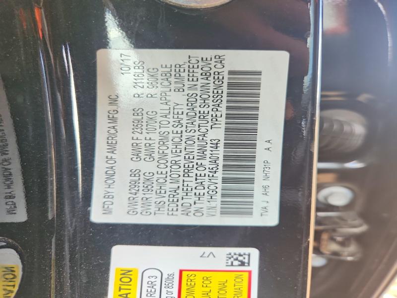 Продажа на аукционе авто 2018 Honda Accord, vin: 1HGCV1F45JA011443, номер лота: 64667356