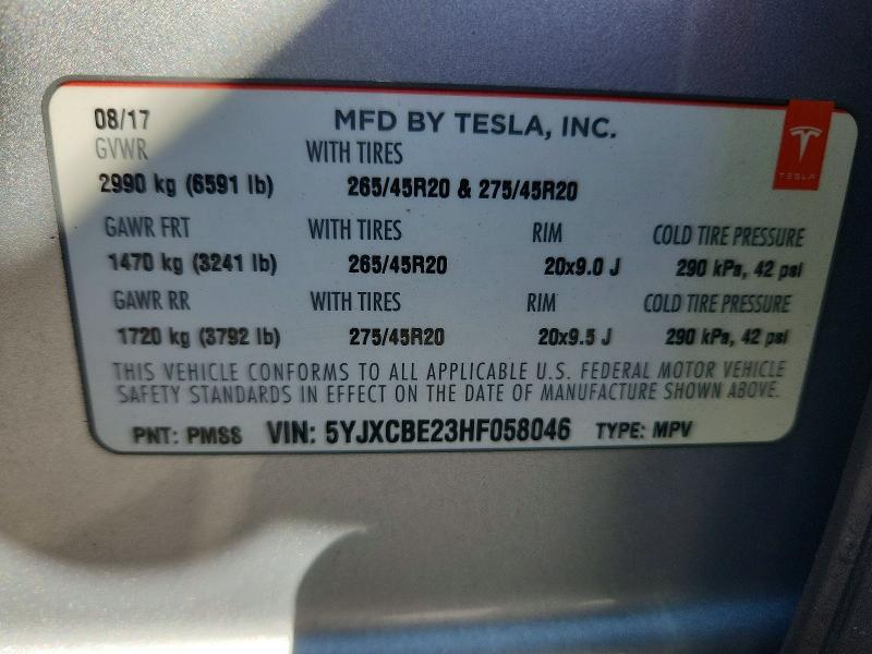 2017 Tesla Model X მანქანა იყიდება აუქციონზე, vin: 5YJXCBE23HF058046, აუქციონის ნომერი: 66406976