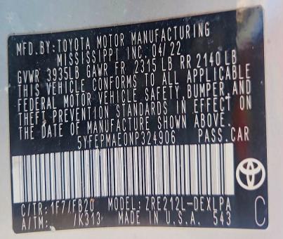 2022 Toyota Corolla მანქანა იყიდება აუქციონზე, vin: 5YFEPMAE0NP324906, აუქციონის ნომერი: 63220076