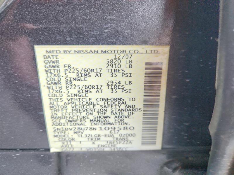 Auction sale of the 2008 Nissan Quest, vin: 5N1BV28U78N109580, lot number: 66479536