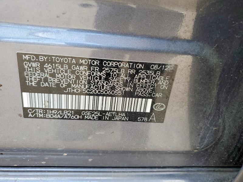 63423286 :رقم المزاد ، JTHCF5C20C5060551 vin ، 2012 Lexus Is مزاد بيع