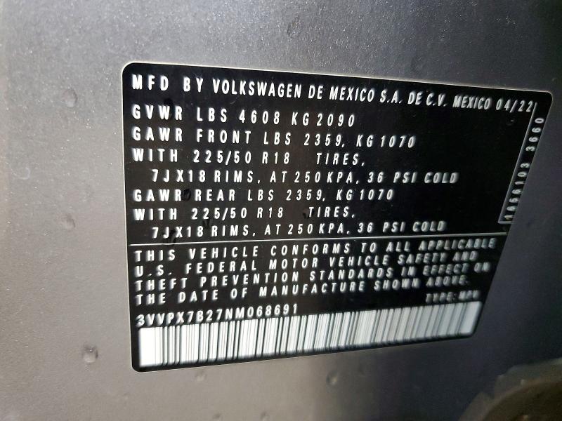 65846436 :رقم المزاد ، 3VVPX7B27NM068691 vin ، 2022 Volkswagen Taos مزاد بيع
