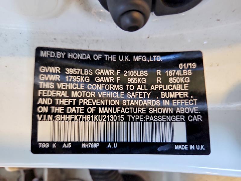 Aukcja sprzedaży 2019 Honda Civic, vin: SHHFK7H61KU213015, numer aukcji: 63911646