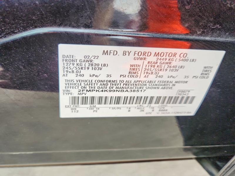 66343506 :رقم المزاد ، 2FMPK4K99NBA38517 vin ، 2022 Ford Edge مزاد بيع