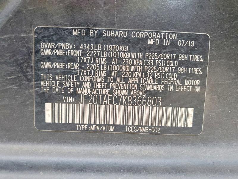 Aukcja sprzedaży 2019 Subaru Crosstrek, vin: JF2GTAEC7K8366803, numer aukcji: 66275476