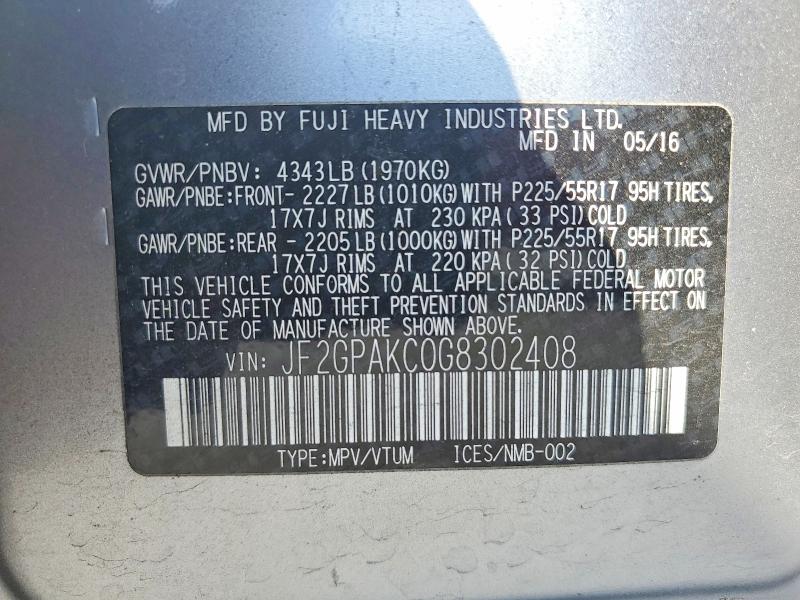 64767106 :رقم المزاد ، JF2GPAKC0G8302408 vin ، 2016 Subaru Crosstrek مزاد بيع