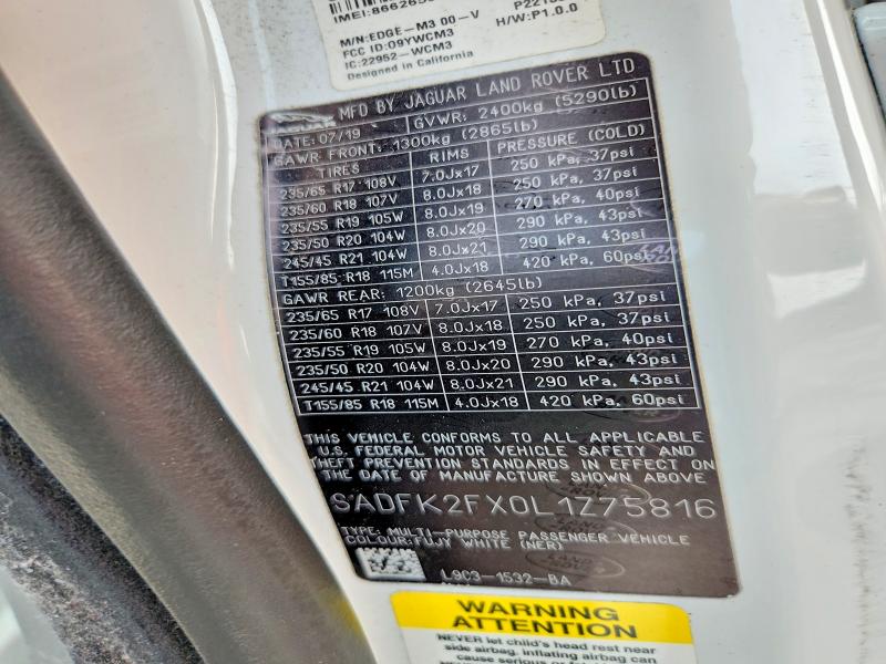 Aukcja sprzedaży 2020 Jaguar E-pace, vin: SADFK2FX0L1Z75816, numer aukcji: 64576946