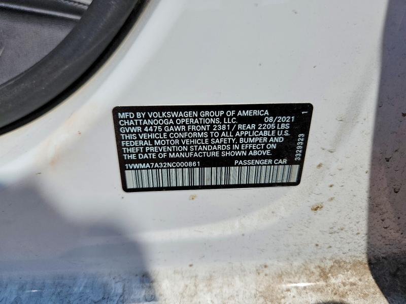Продаж на аукціоні авто 2022 Volkswagen Passat, vin: 1VWMA7A32NC000861, номер лоту: 64501996