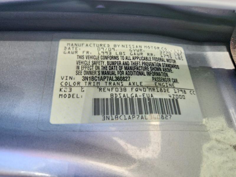2010 Nissan Versa მანქანა იყიდება აუქციონზე, vin: 3N1BC1AP7AL360827, აუქციონის ნომერი: 63395136