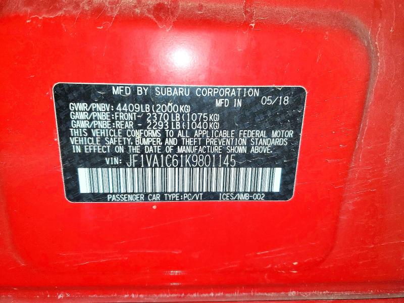 Aukcja sprzedaży 2019 Subaru Wrx, vin: JF1VA1C61K9801145, numer aukcji: 66478226