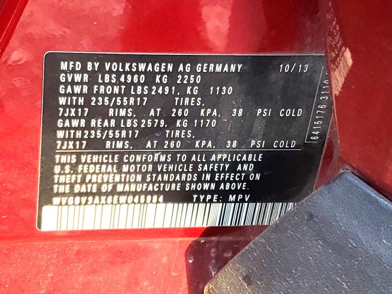65295006 :رقم المزاد ، WVGBV3AX6EW045984 vin ، 2014 Volkswagen Tiguan مزاد بيع