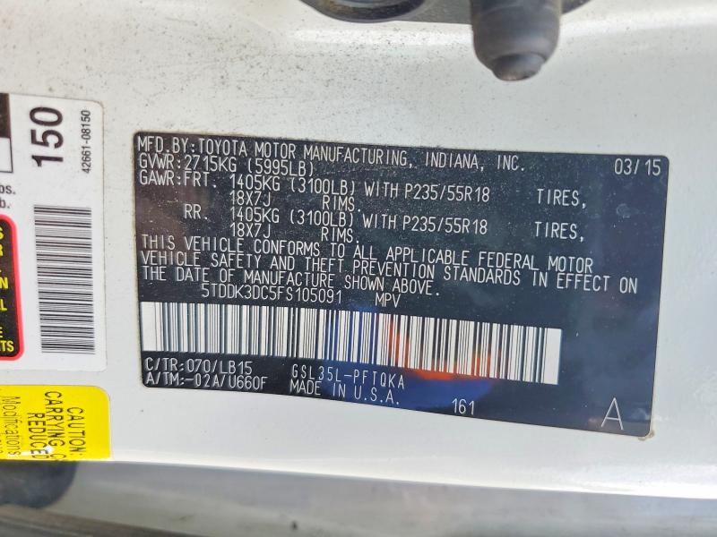 Aukcja sprzedaży 2015 Toyota Sienna, vin: 5TDDK3DC5FS105091, numer aukcji: 63921076