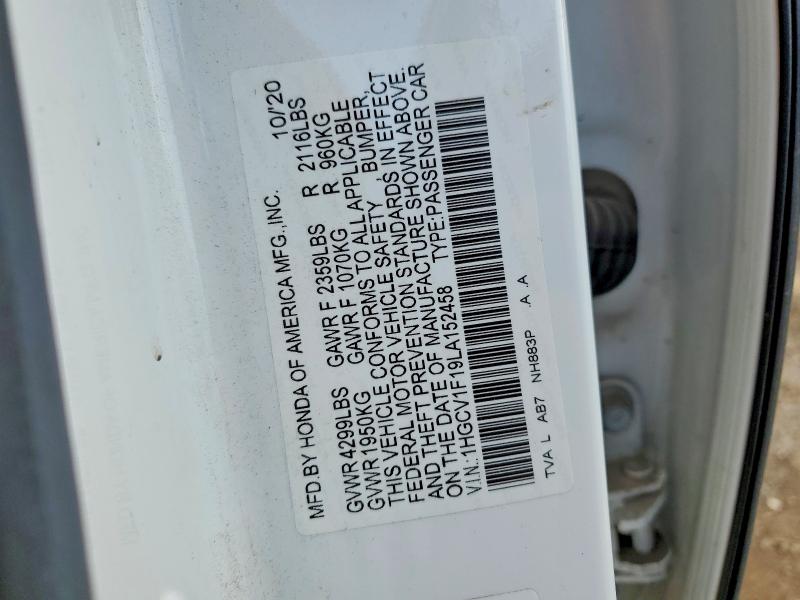 2020 Honda Accord მანქანა იყიდება აუქციონზე, vin: 1HGCV1F19LA152458, აუქციონის ნომერი: 61448446