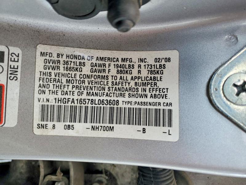 Продажа на аукционе авто 2008 Honda Civic, vin: 1HGFA16578L063608, номер лота: 65201186