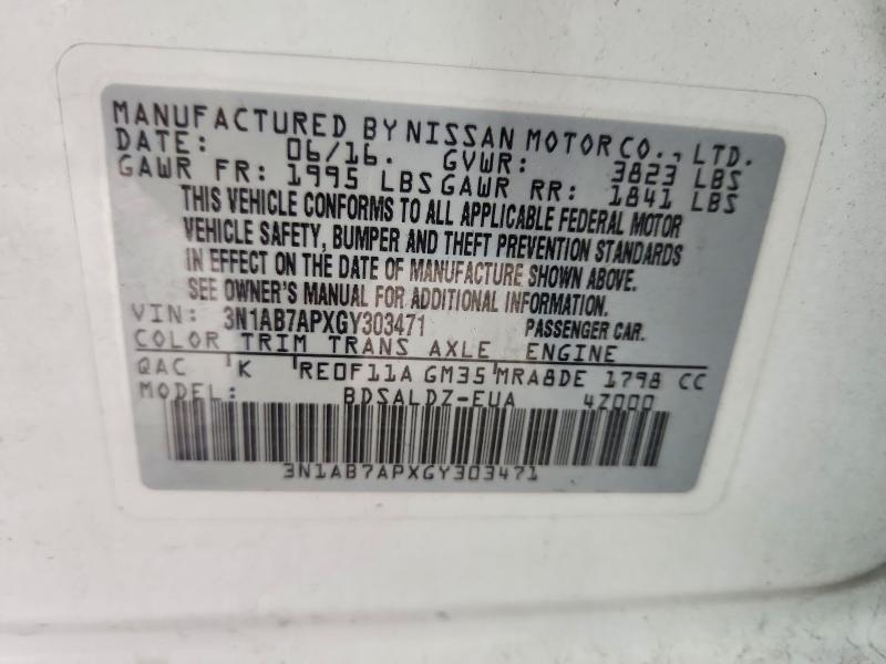 2016 Nissan Sentra მანქანა იყიდება აუქციონზე, vin: 3N1AB7APXGY303471, აუქციონის ნომერი: 65395226