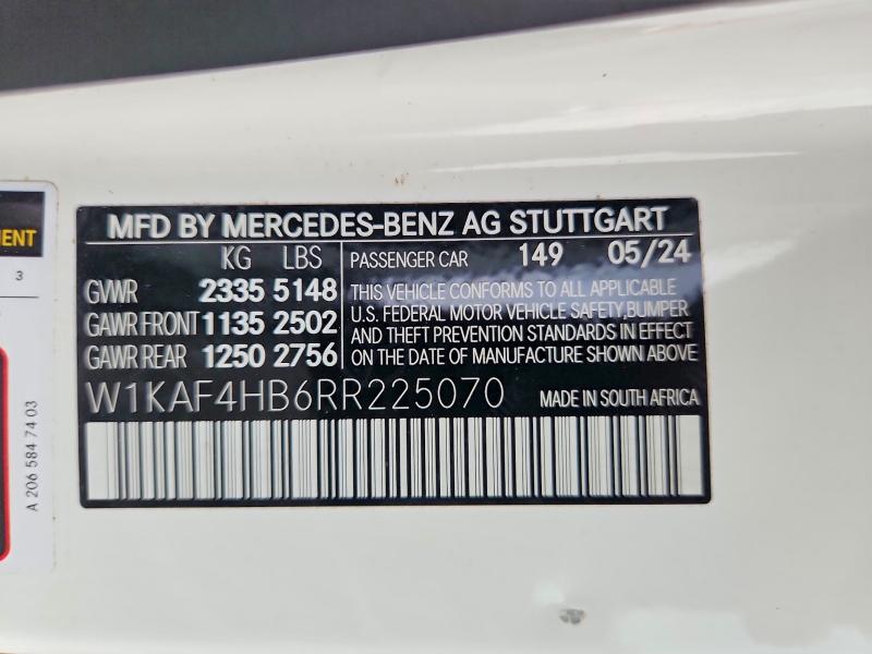 2024 Mercedes-benz C მანქანა იყიდება აუქციონზე, vin: W1KAF4HB6RR225070, აუქციონის ნომერი: 65026626
