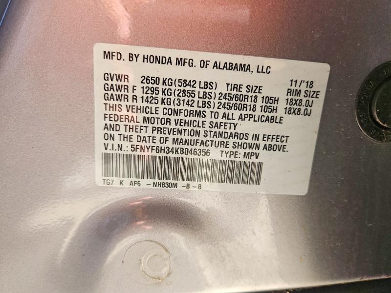 66936616 :رقم المزاد ، 5FNYF6H34KB046356 vin ، 2019 Honda Pilot مزاد بيع