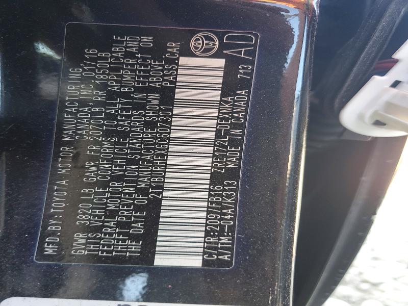 65955786 :رقم المزاد ، 2T1BURHEXGC607301 vin ، 2016 Toyota Corolla مزاد بيع