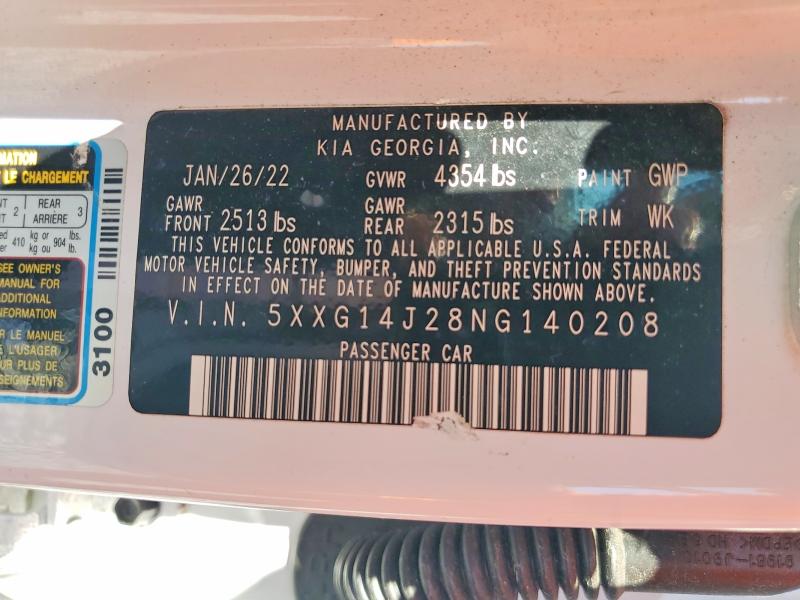 64800976 :رقم المزاد ، 5XXG14J28NG140208 vin ، 2022 Kia K5 مزاد بيع