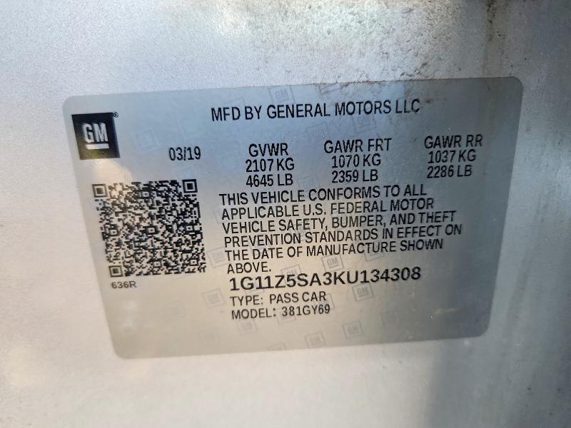 61666896 :رقم المزاد ، 1G11Z5SA3KU134308 vin ، 2019 Chevrolet Impala مزاد بيع