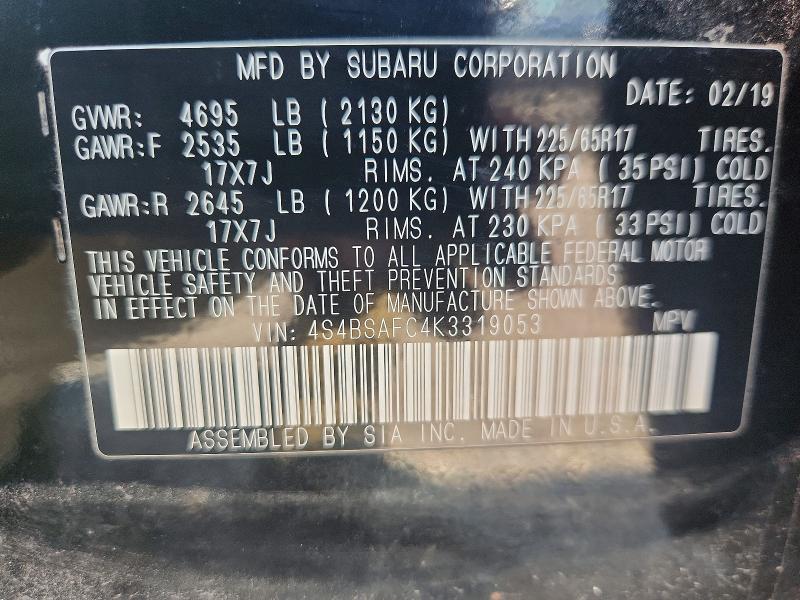 65359066 :رقم المزاد ، 4S4BSAFC4K3319053 vin ، 2019 Subaru Outback مزاد بيع