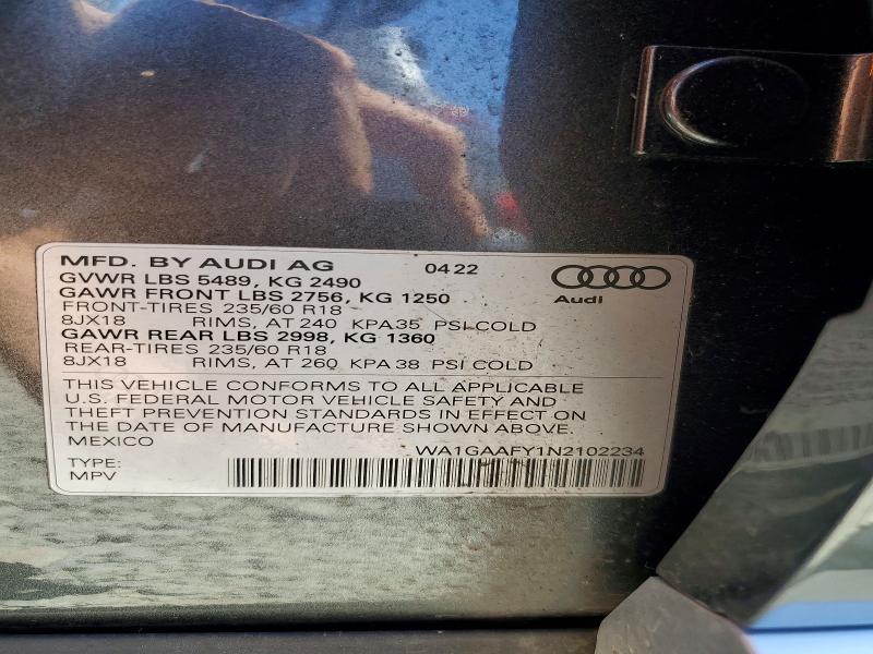 Продаж на аукціоні авто 2022 Audi Q5, vin: WA1GAAFY1N2102234, номер лоту: 63234516