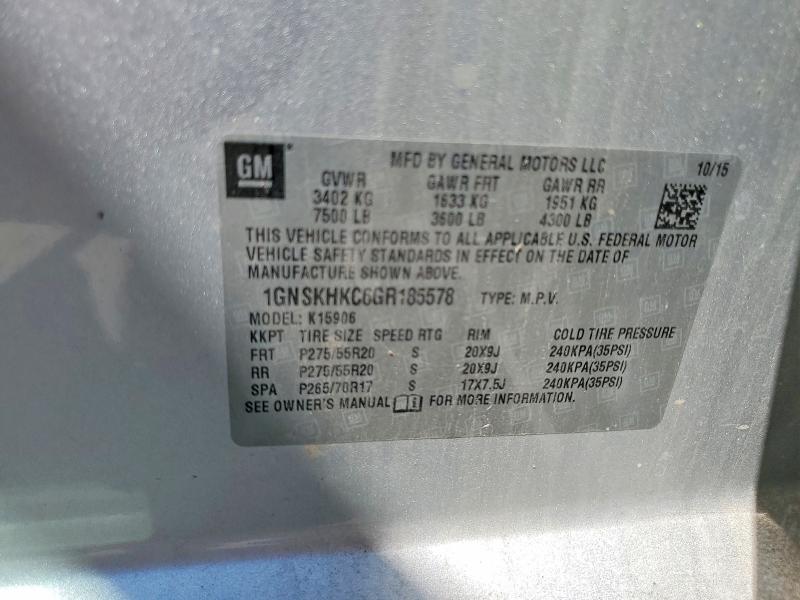 2016 Chevrolet Suburban მანქანა იყიდება აუქციონზე, vin: 1GNSKHKC6GR185578, აუქციონის ნომერი: 67178296