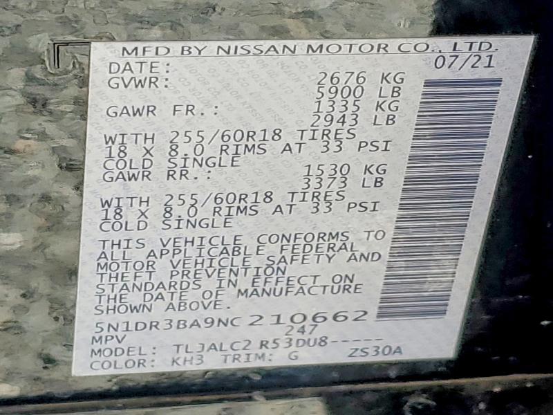 2022 Nissan Pathfinder მანქანა იყიდება აუქციონზე, vin: 5N1DR3BA9NC210662, აუქციონის ნომერი: 65176216