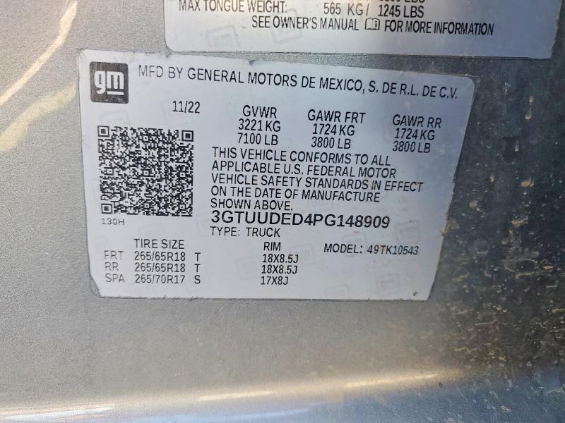 2023 Gmc Sierra მანქანა იყიდება აუქციონზე, vin: 3GTUUDED4PG148909, აუქციონის ნომერი: 65176516