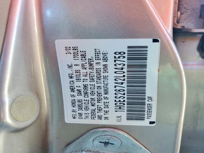 65491576 :رقم المزاد ، 1HGES26742L043758 vin ، 2002 Honda Civic مزاد بيع