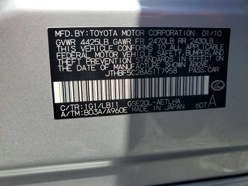 64955736 :رقم المزاد ، JTHBF5C28A5117958 vin ، 2010 Lexus Is 250 مزاد بيع