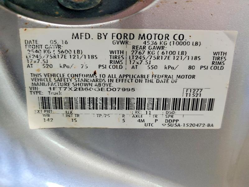 64894826 :رقم المزاد ، 1FT7X2B60GED07995 vin ، 2016 Ford F250 مزاد بيع