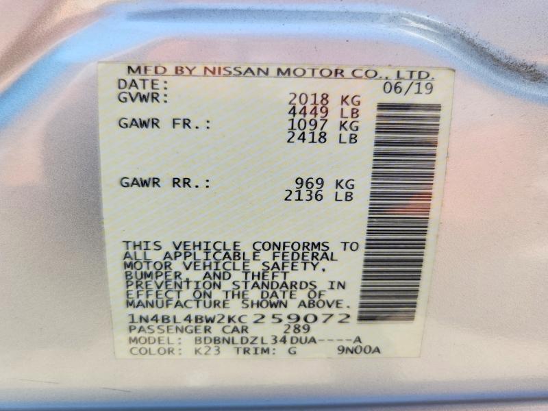 66612046 :رقم المزاد ، 1N4BL4BW2KC259072 vin ، 2019 Nissan Altima مزاد بيع