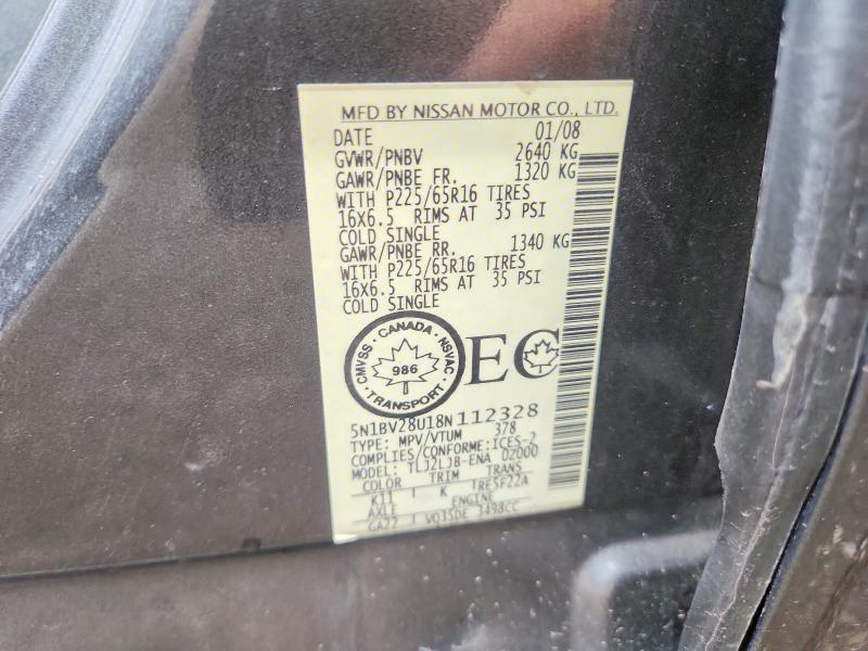 65150526 :رقم المزاد ، 5N1BV28U18N112328 vin ، 2008 Nissan Quest مزاد بيع