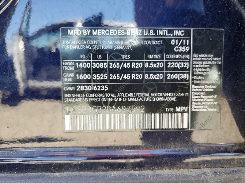 67338366 :رقم المزاد ، 4JGBB8GB2BA697592 vin ، 2011 Mercedes-benz Ml مزاد بيع
