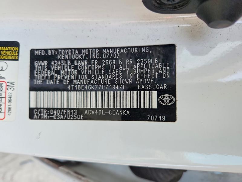 2007 Toyota Camry მანქანა იყიდება აუქციონზე, vin: 4T1BE46K77U719478, აუქციონის ნომერი: 64980826