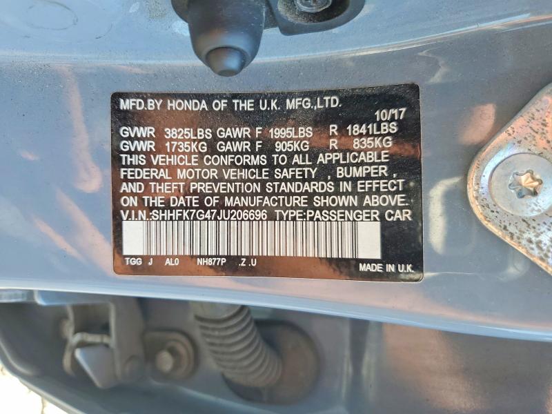 66452456 :رقم المزاد ، SHHFK7G47JU206696 vin ، 2018 Honda Civic مزاد بيع