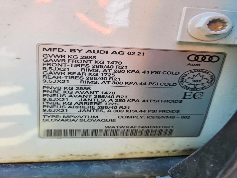 Aukcja sprzedaży 2021 Audi Q7, vin: WA1WXAF74MD031521, numer aukcji: 64434906