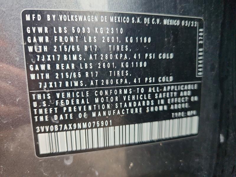 66978746 :رقم المزاد ، 3VV0B7AX9NM075901 vin ، 2022 Volkswagen Tiguan مزاد بيع