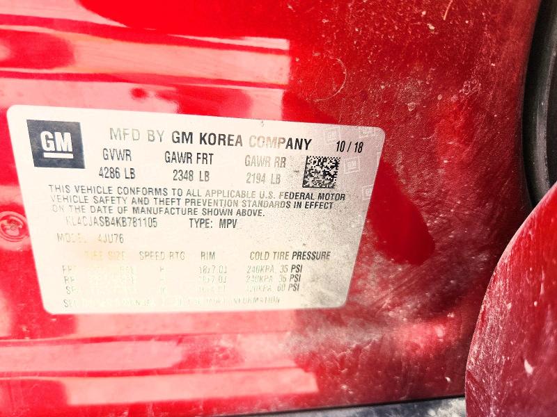 2019 Buick Encore მანქანა იყიდება აუქციონზე, vin: KL4CJASB4KB781105, აუქციონის ნომერი: 64729256