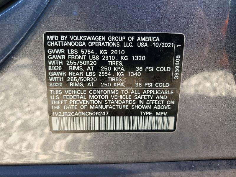 Продажа на аукционе авто 2022 Volkswagen Atlas, vin: 1V2JR2CA0NC506247, номер лота: 65150536