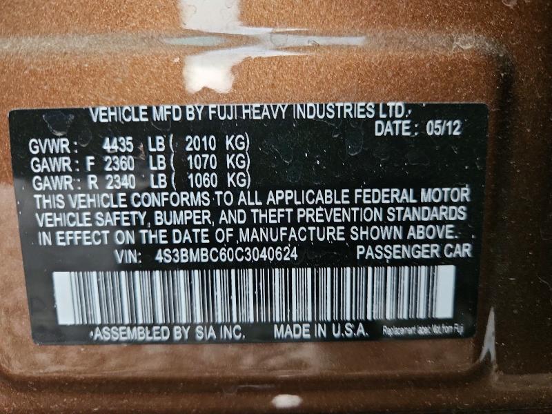 67100556 :رقم المزاد ، 4S3BMBC60C3040624 vin ، 2012 Subaru Legacy مزاد بيع