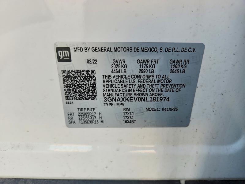Auction sale of the 2022 Chevrolet Equinox, vin: 3GNAXKEV0NL181974, lot number: 67340636