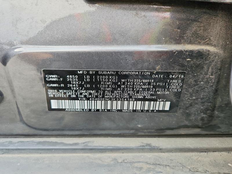 2019 Subaru Outback მანქანა იყიდება აუქციონზე, vin: 4S4BSENC3K3354188, აუქციონის ნომერი: 64586696