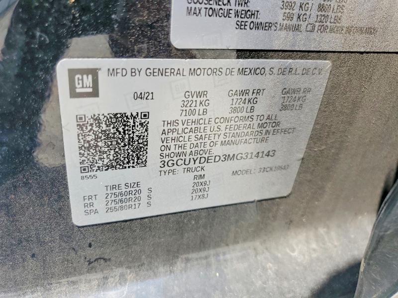 2021 Chevrolet Silverado მანქანა იყიდება აუქციონზე, vin: 3GCUYDED3MG314143, აუქციონის ნომერი: 66765936