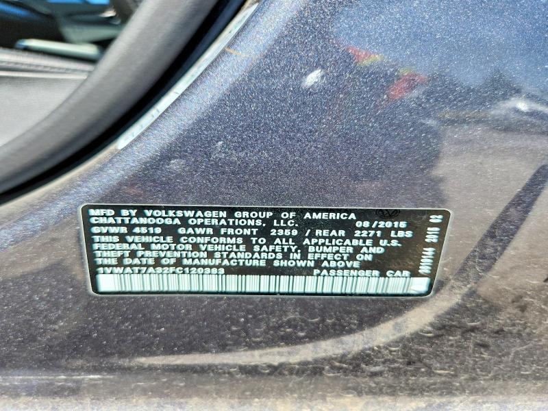 2015 Volkswagen Passat მანქანა იყიდება აუქციონზე, vin: 1VWAT7A32FC120383, აუქციონის ნომერი: 65345856